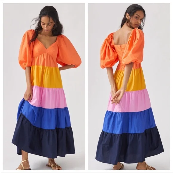 Anthropologie x Farm Rio Tiered Colorblocked Maxi Dress Puff Short Sleeve NEW - Picture 4 of 5
